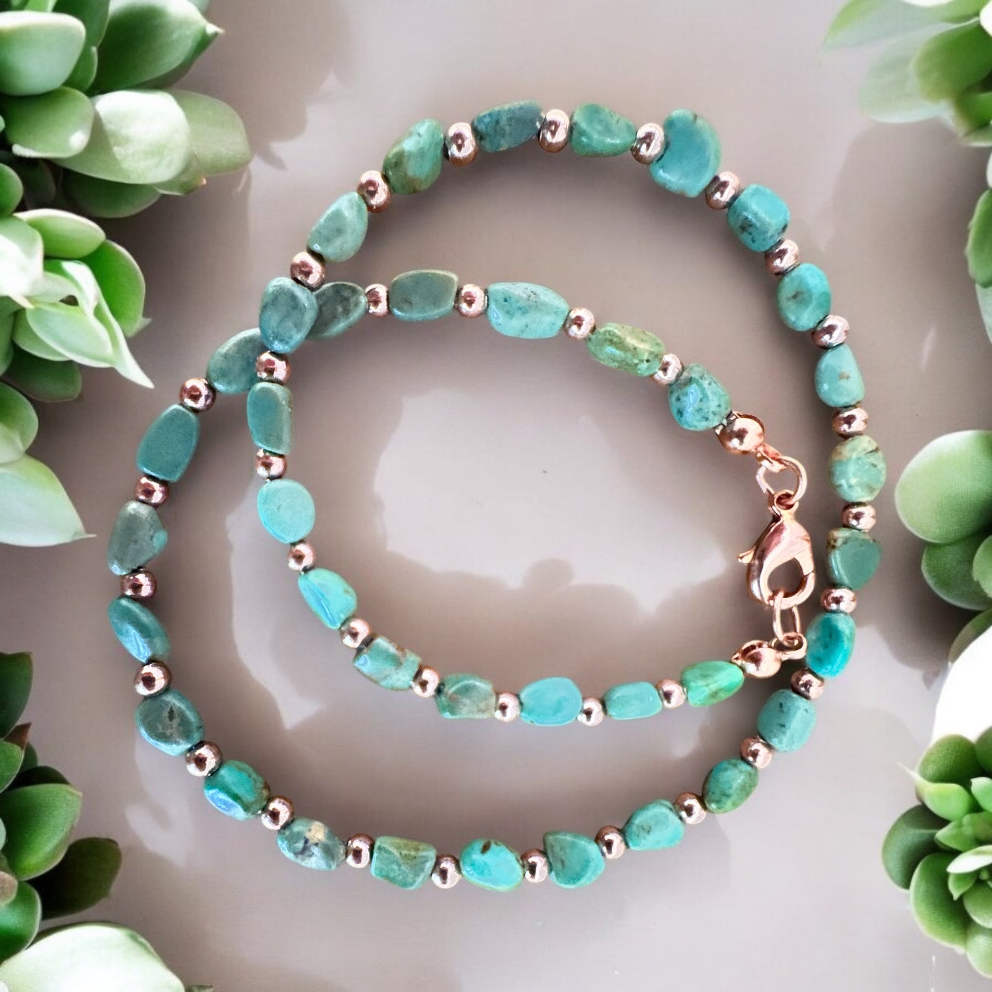 Green Turquoise and Copper Double Wrap Bracelet